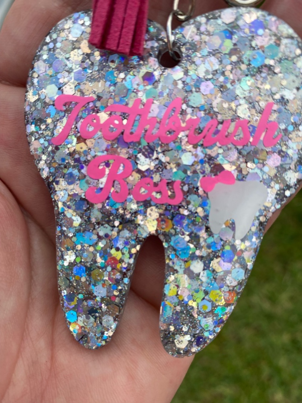 Pink Glitter 'Toothbrush Boss' Tooth Keychain Card Holder
